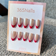 Handmade Pearl Champagne Base Retro Red French Tip Press-On Nails (Shimmer/Custom/Almond