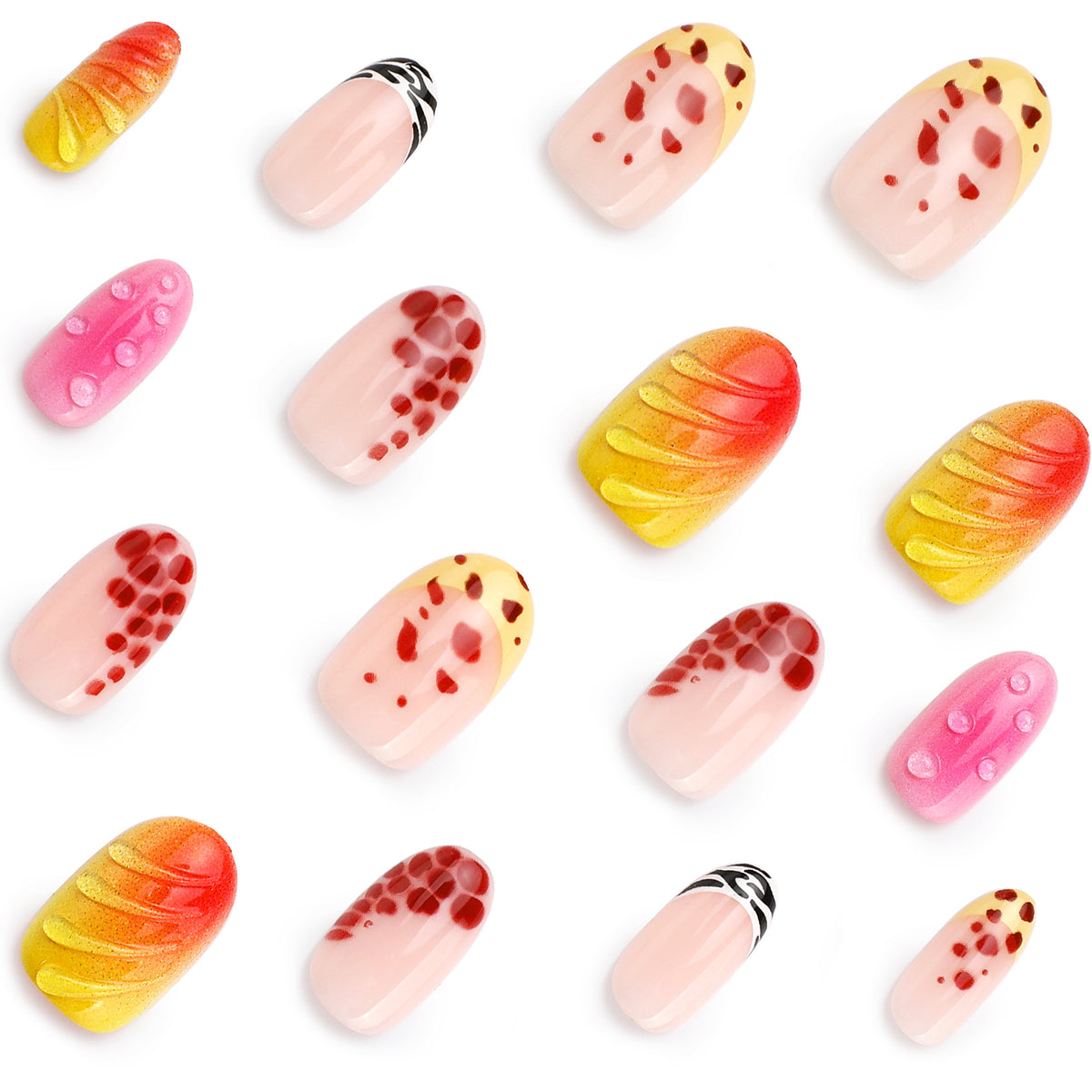 Assorted press-on nails with leopard, zebra, and glossy 3D finishes