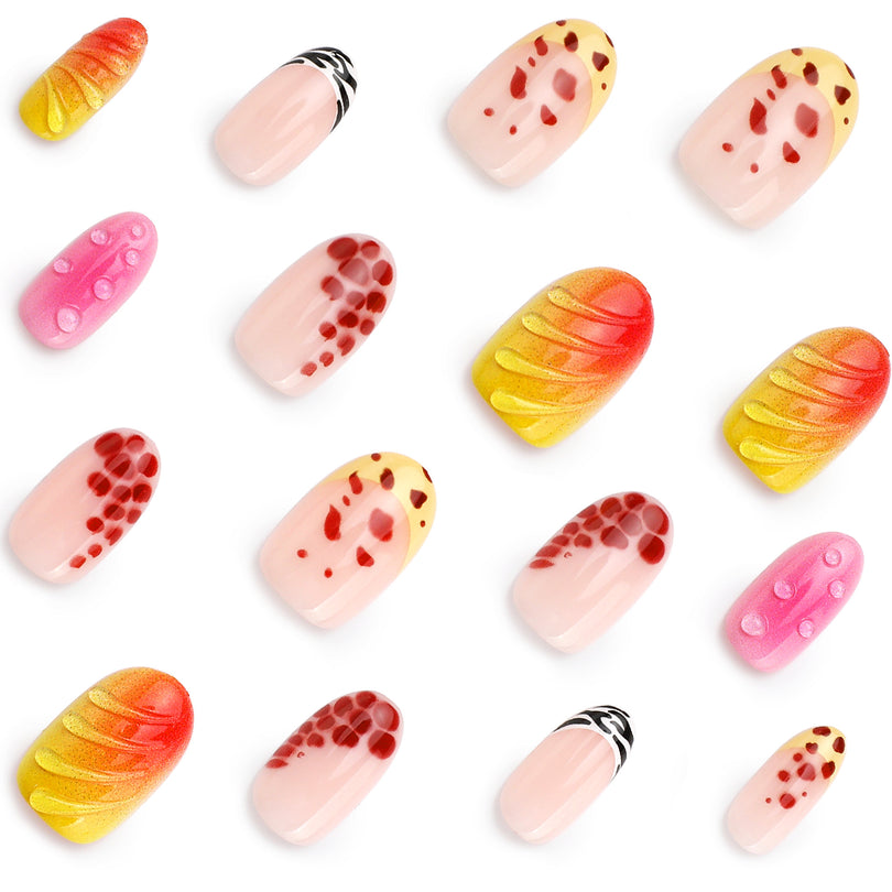 Assorted press-on nails with leopard, zebra, and glossy 3D finishes