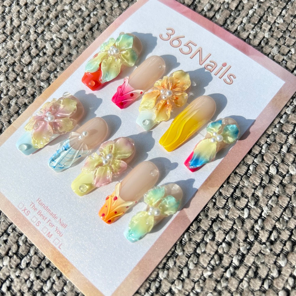 手工製熱帶扶桑花3D花朵穿戴甲｜黃與藍綠漸層｜棺材形