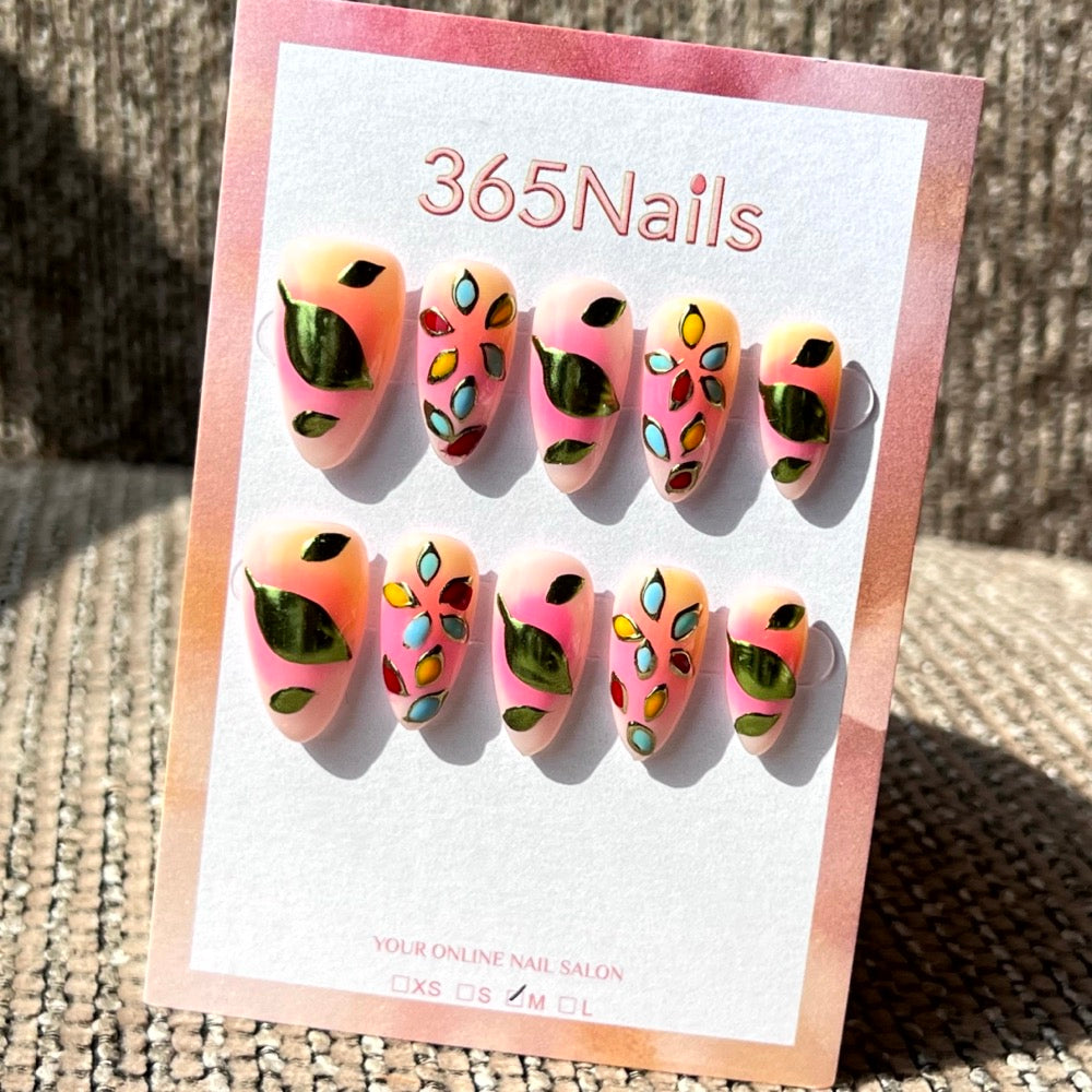 365nails: "식물의 보석" – 3D 잎사귀 & 보석 수제 아몬드형 네일