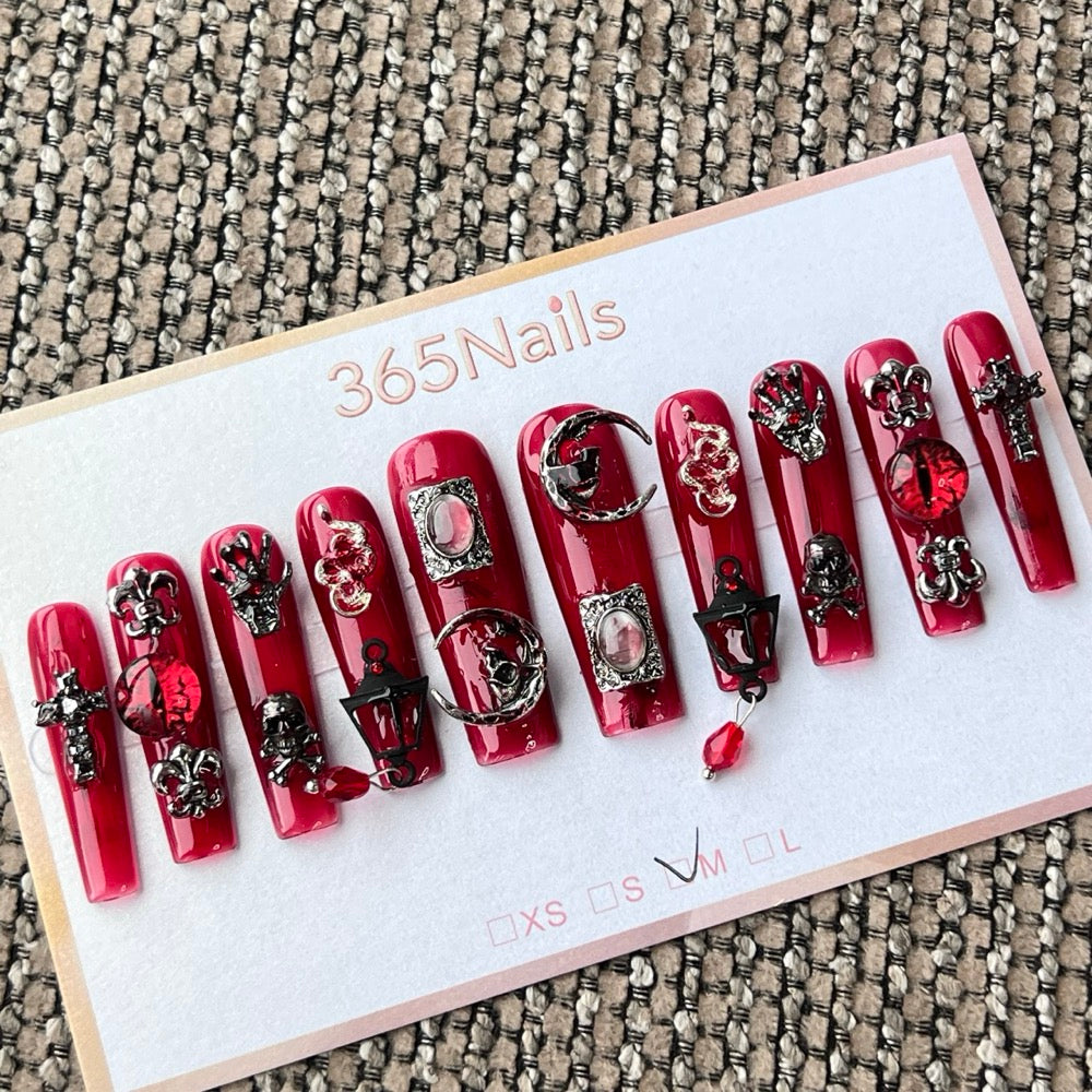 365nails: "Gothic Red Snake Skull Cross Lantern" – handmade press-on nails