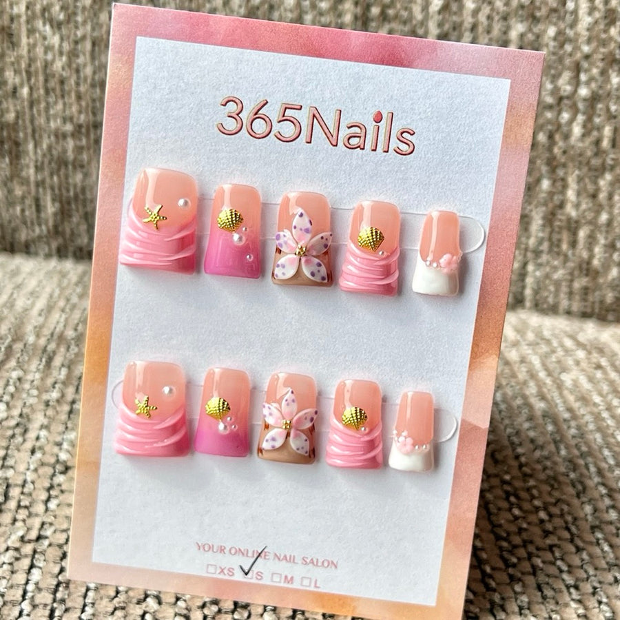 365nails: "Pink Summer Starfish Shell Short" – Handmade Short Trapezoid Press-On Nails