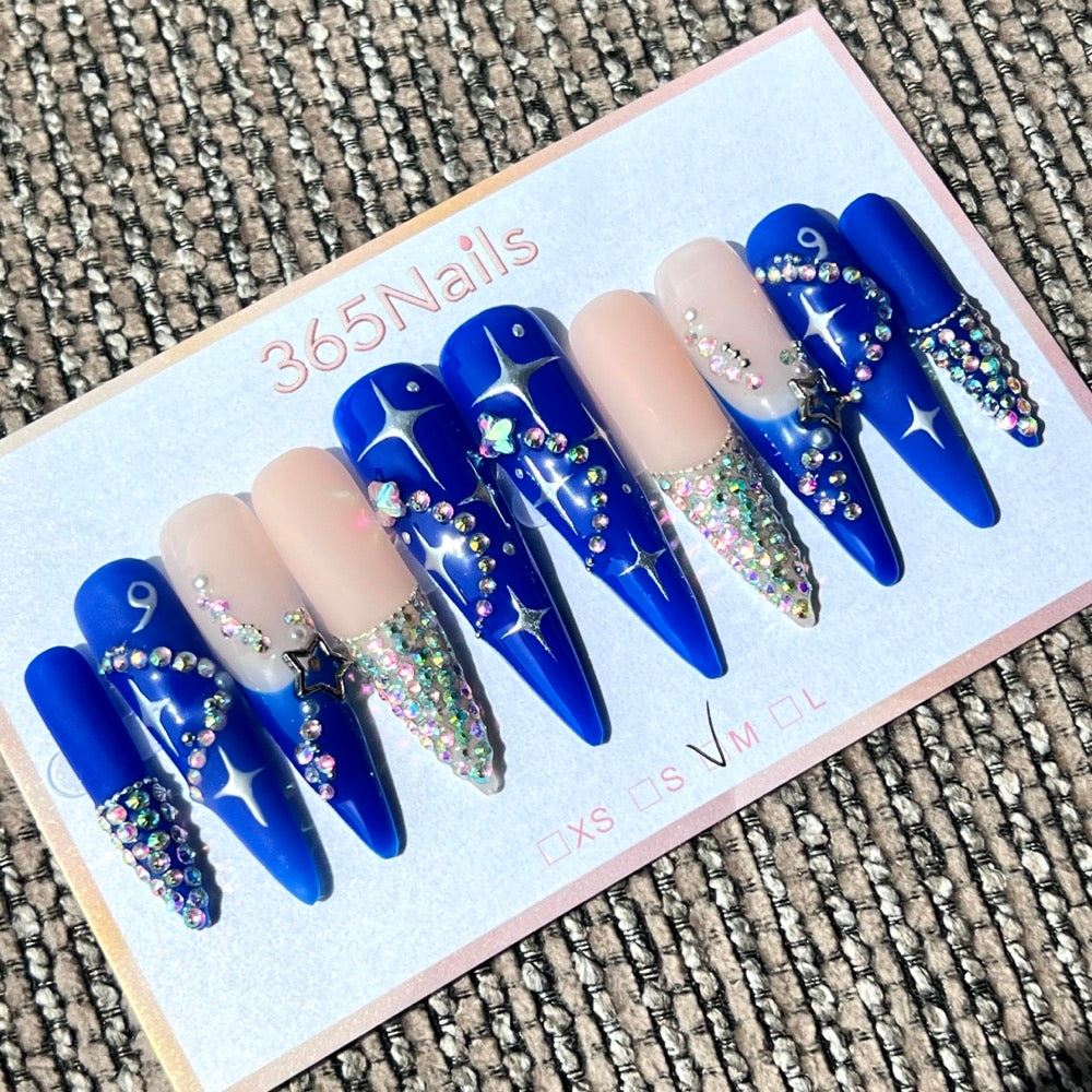 365nails: 「午夜銀河」– 水晶與星光 手工製 長款 尖形 穿戴甲