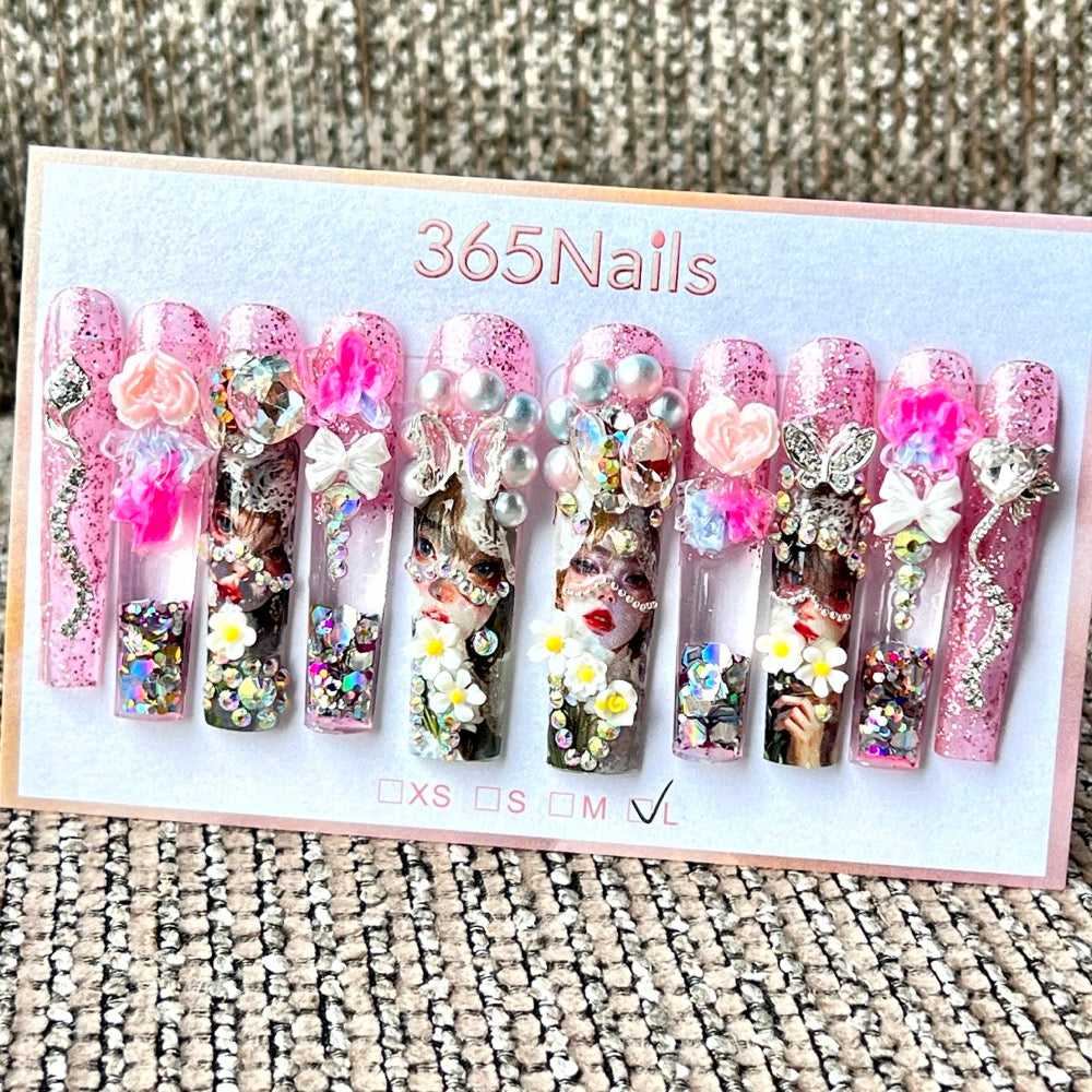 365nails: "Pink Fairy Masquerade" – Handmade Floral Liquid Motion Press-On Long Pipe Nails-5.5cm