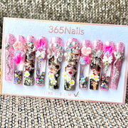 365nails: "Pink Fairy Masquerade" – Handmade Floral Liquid Motion Press-On Long Pipe Nails-5.5cm