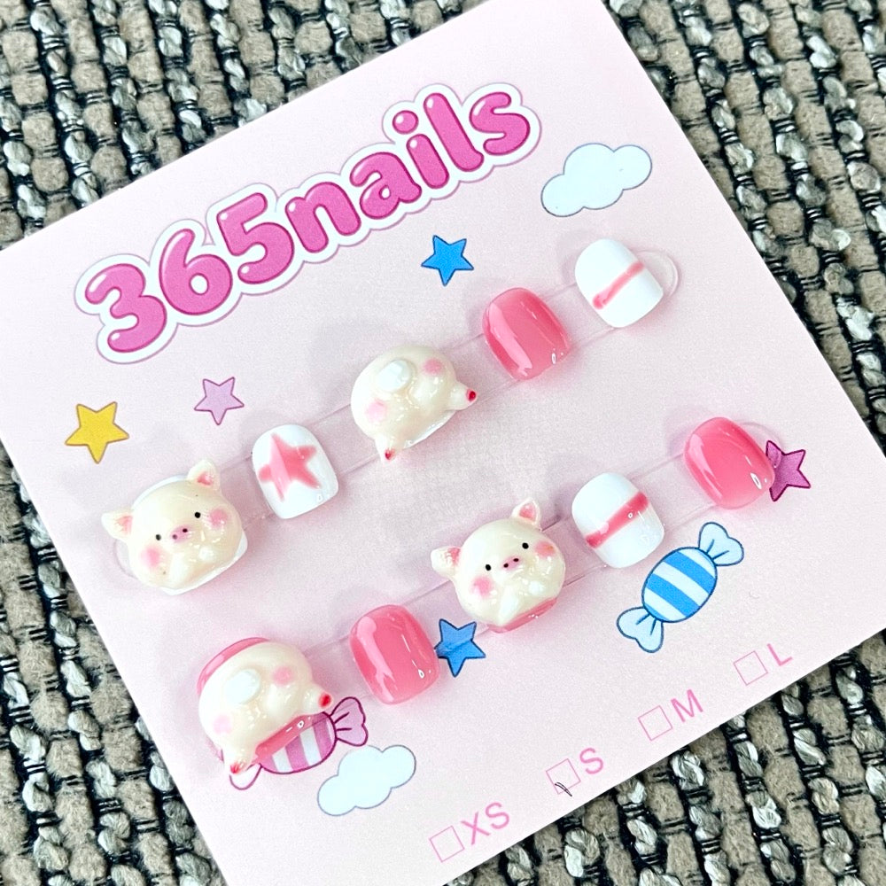 365nails: "Sweet Pink Piggy" – 3D Animal & Candy Handmade Short Square Nails