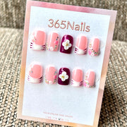 « Floral rose et violet avec strass » — vente en gros — faux ongles ultra-doux, ajustement flexible, faits main (MOQ=100)