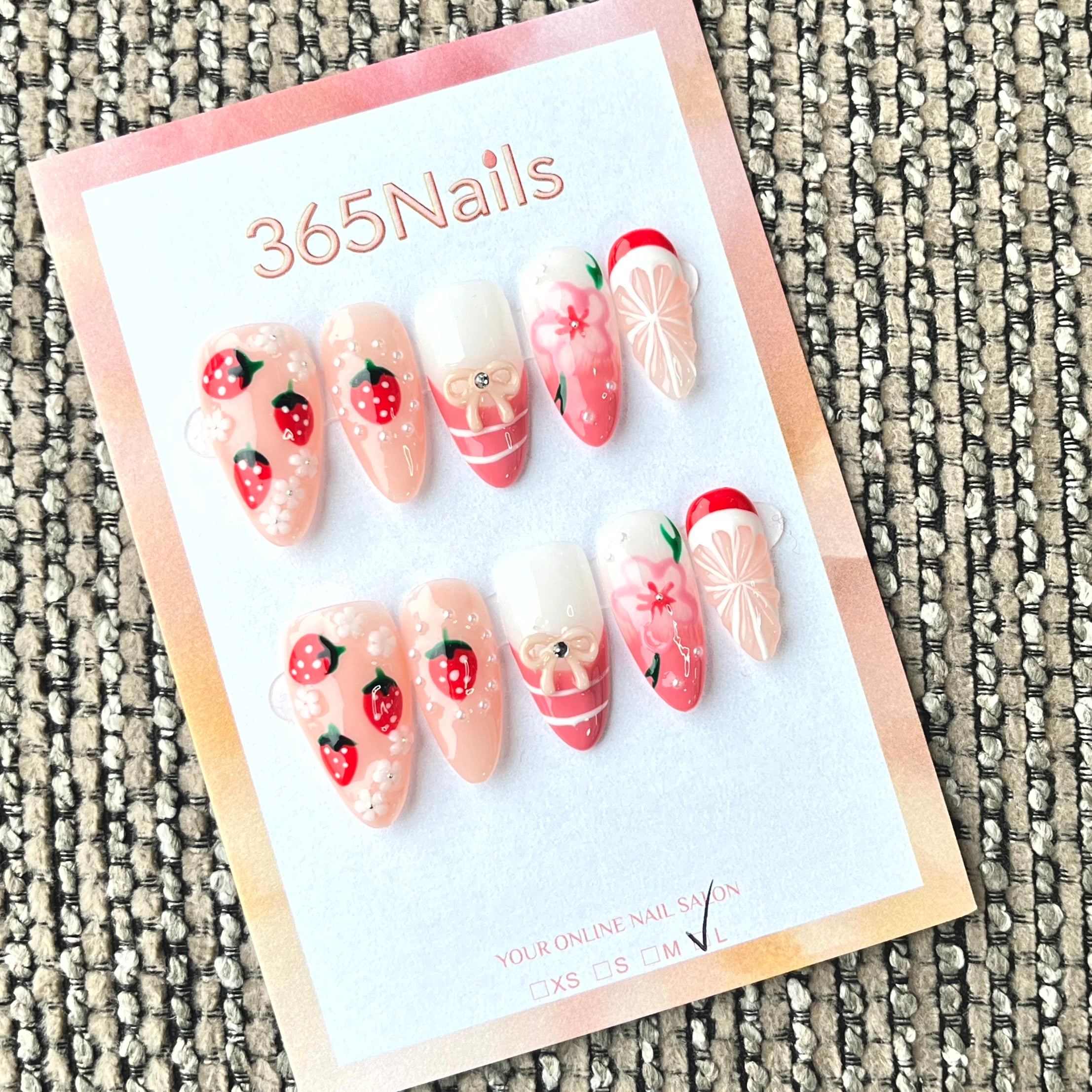 365nails: "Strawberry Sorbet" – 3D Fruit & Floral Handmade Almond Nails