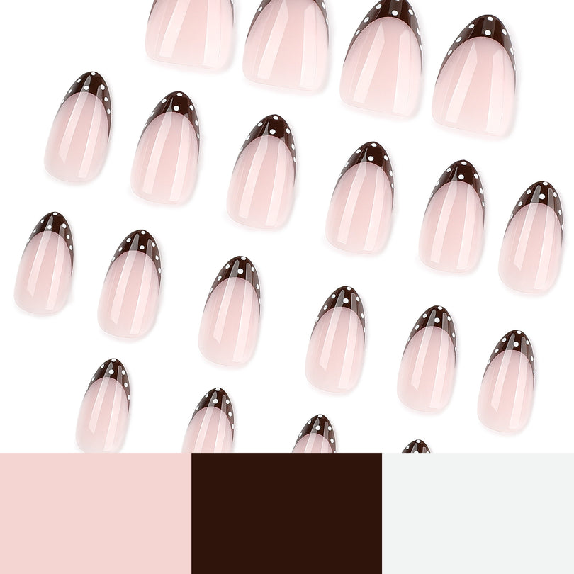 Scattered pink almond nails with brown dotted tips plus color swatches of pink, brown and white