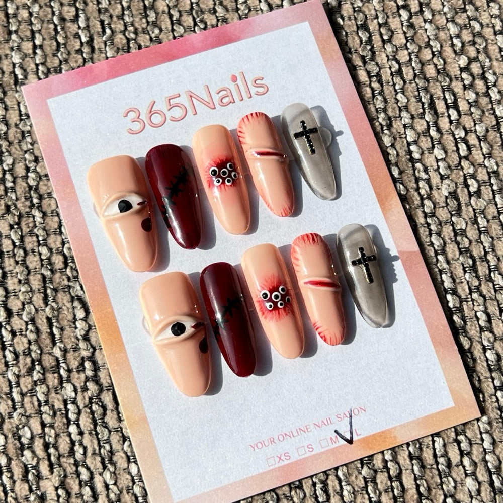 365nails: "Dark Ritual" – 3D Eye & Cross Handmade Press on Nails Medium Almond Nails