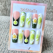 365nails: "Green White Flower Butterfly" – Handmade Medium Trapezoid Press-On Nails