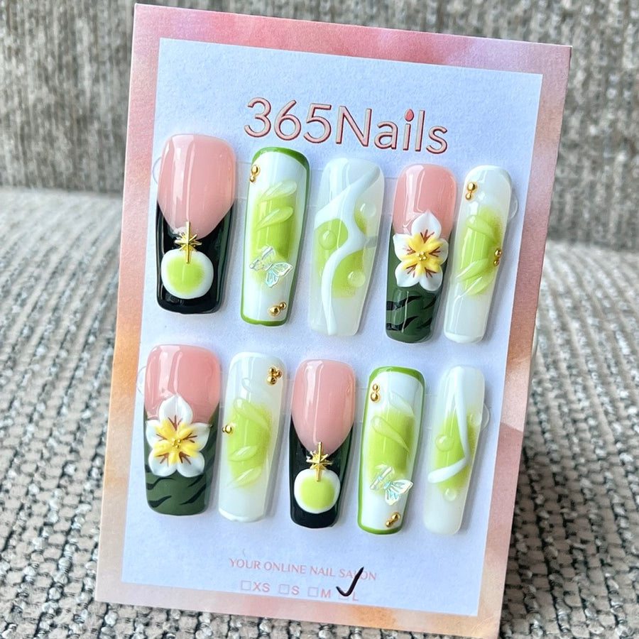 365nails: "Green White Flower Butterfly" – Handmade Medium Trapezoid Press-On Nails