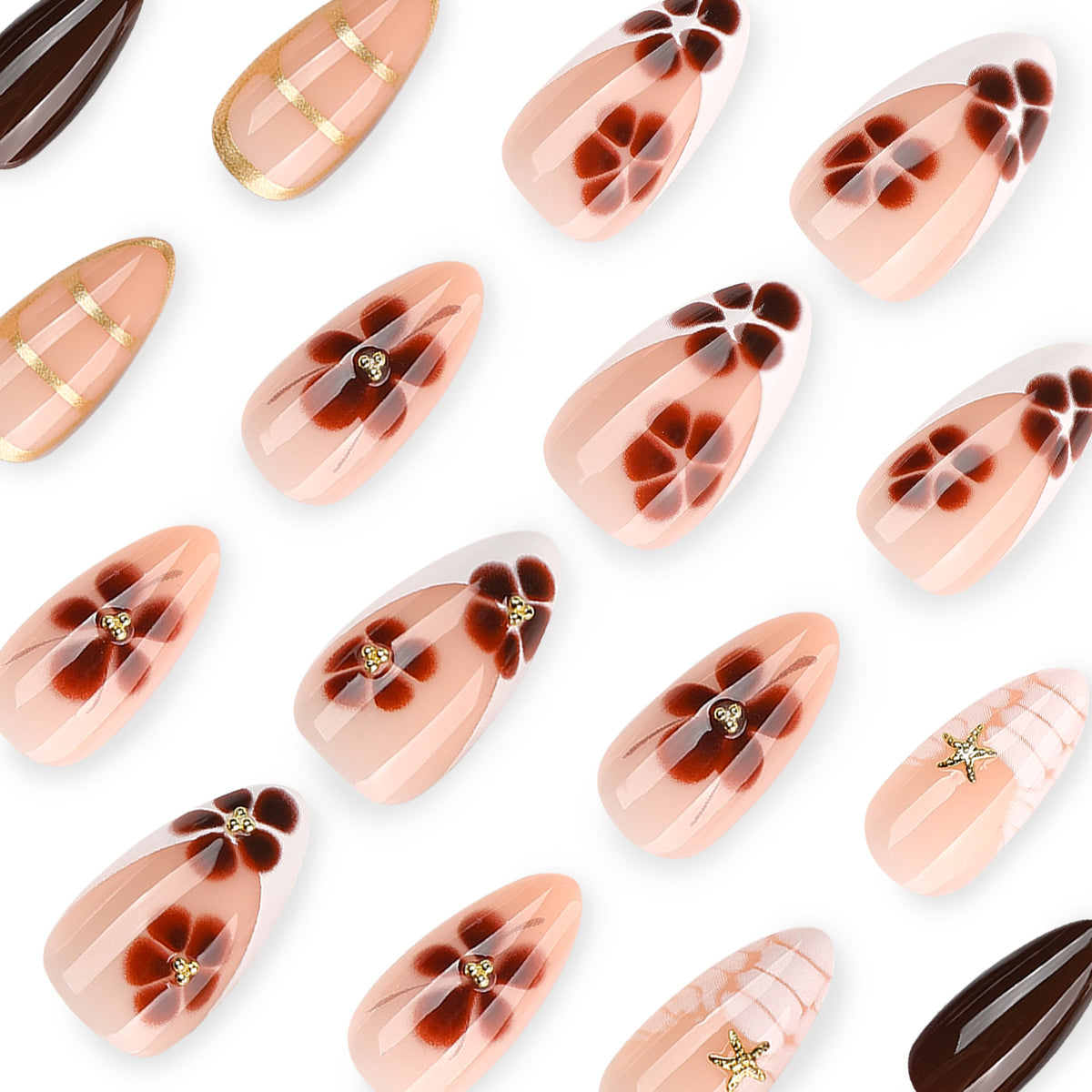 Close-up of floral and gold-striped almond press-on nails