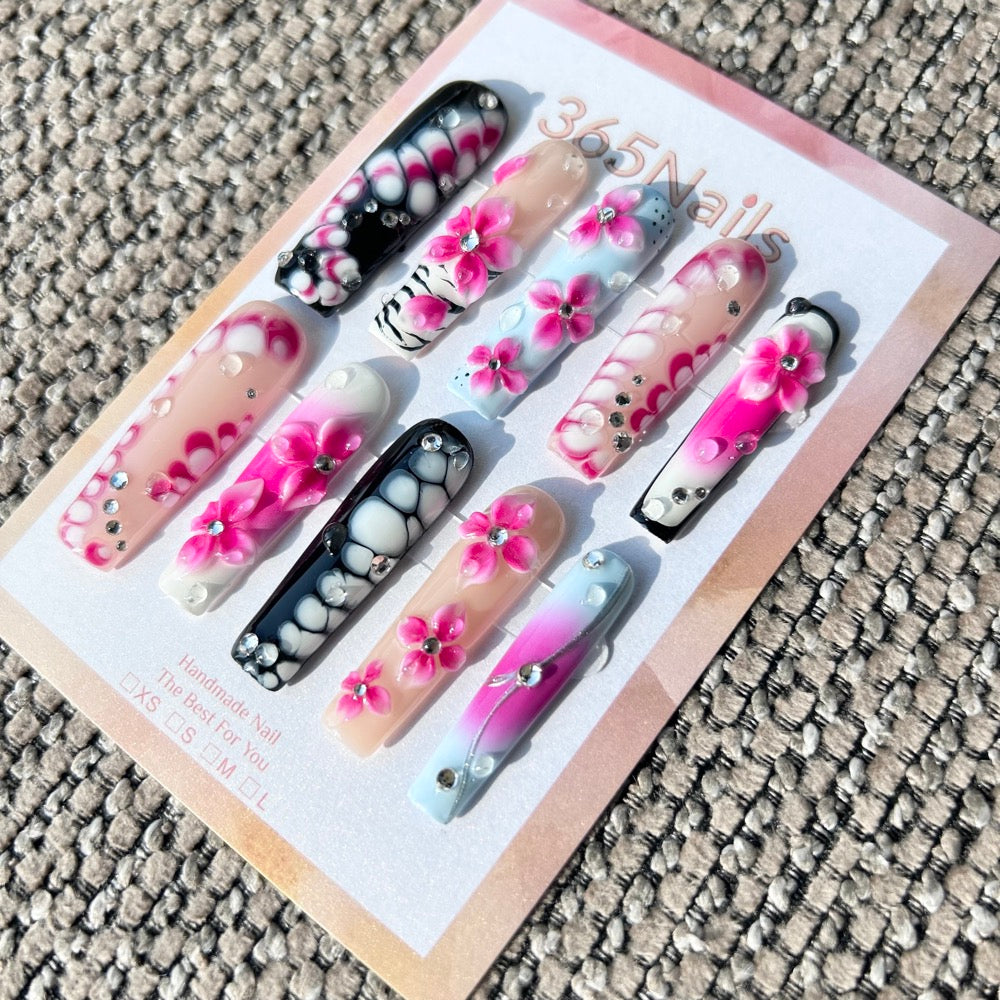 Handmade "Neon Bloom" 3D Floral Press-on Nails | Bubble Texture & Zebra Tip | Long Coffin | 10pcs Set