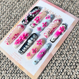 Handmade "Neon Bloom" 3D Floral Press-on Nails | Bubble Texture & Zebra Tip | Long Coffin | 10pcs Set