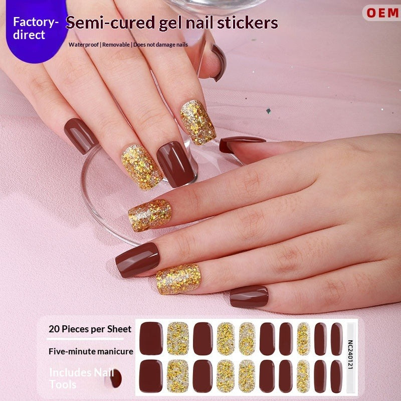 Semi-Cured Gel Nail Strips Sparkle Diagonal Cat Eye Glossy Design (MOQ=3)