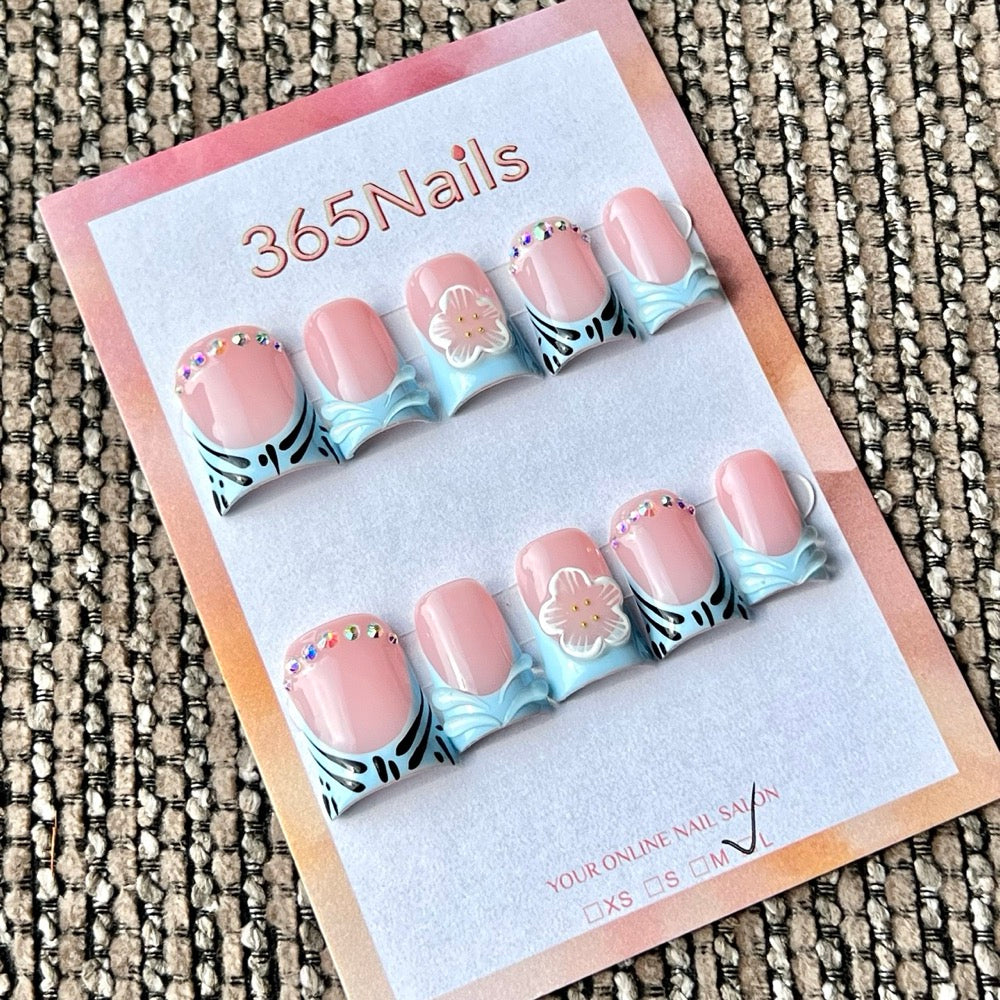 365nails: "Blue Pink Flower Zebra Short" – Handmade Short Trapezoid Press-On Nails