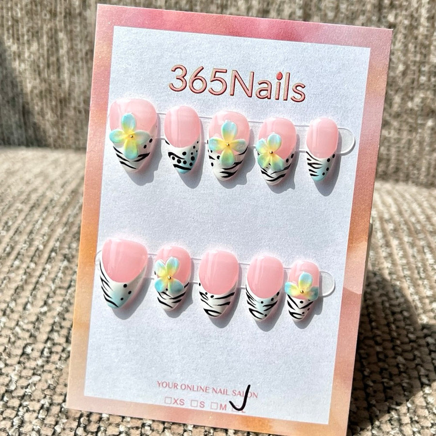 365nails 블러쉬 핑크 지브라 플루메리아 믹스 수제 미디엄 스틸레토형 프레스온 네일
