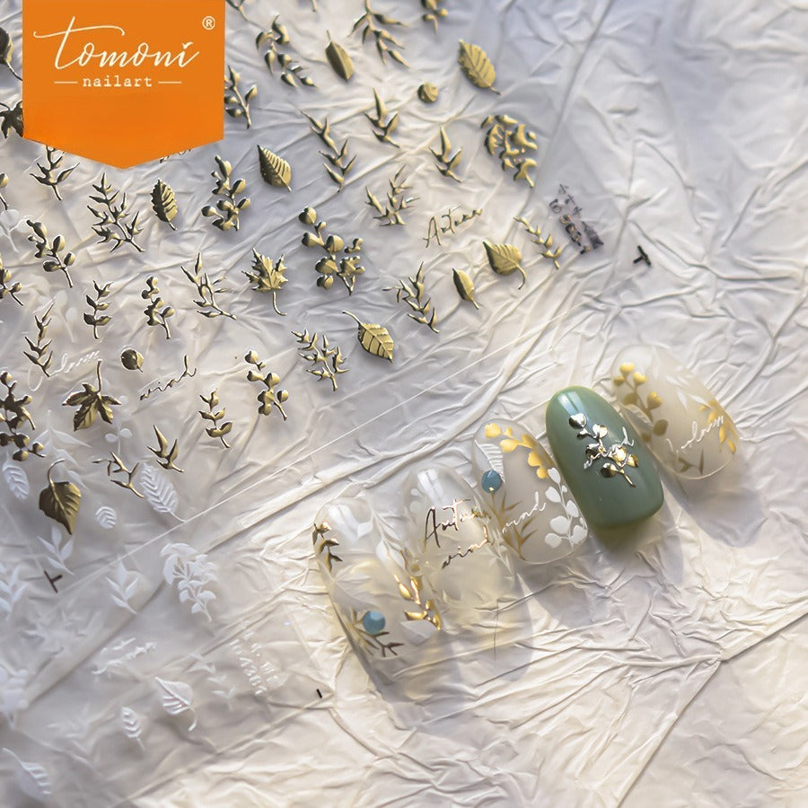 White Botanical Nail Stickers – 5D Embossed Minimalist Nature Set