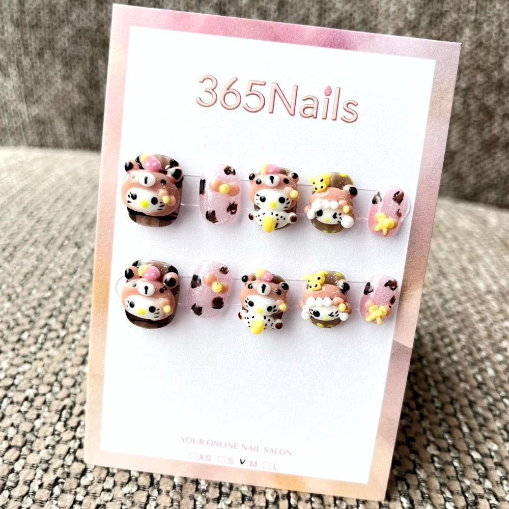 365nails: "Pink Leopard Kitty" – 3D Cartoon Character Handmade Short Square Nails