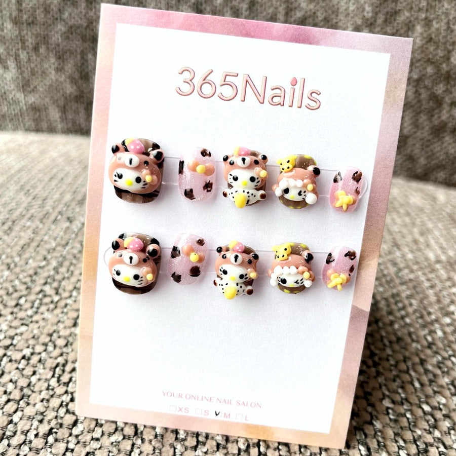365nails: "Pink Leopard Kitty" – 3D Cartoon Character Handmade Short Square Nails