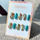 Ethereal Ink: "Cyan Landscape" – Teal Blue Cat Eye & Amber Brown Marble with Gold Foil Oval Nails