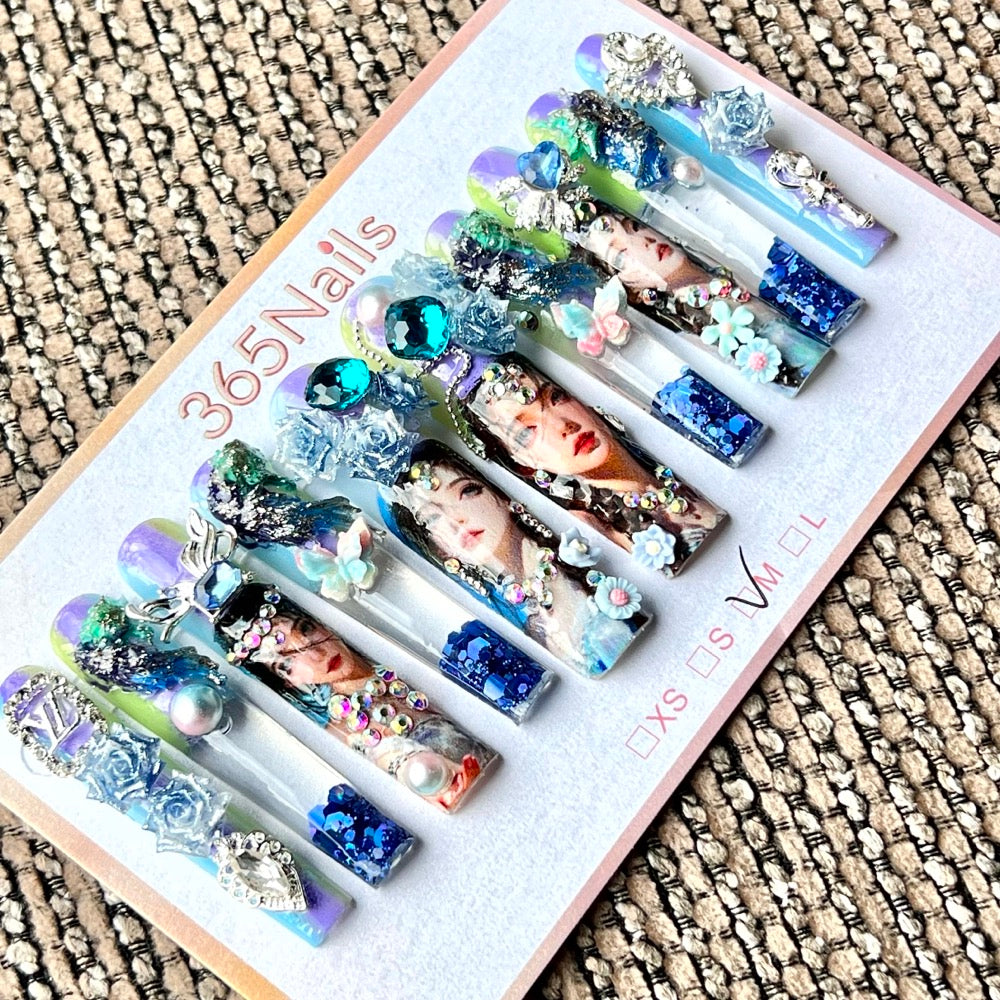 365nails: "Ocean Mermaid Princess" – Handmade Floral Liquid Motion Press-On Long Pipe Nails-5.5cm