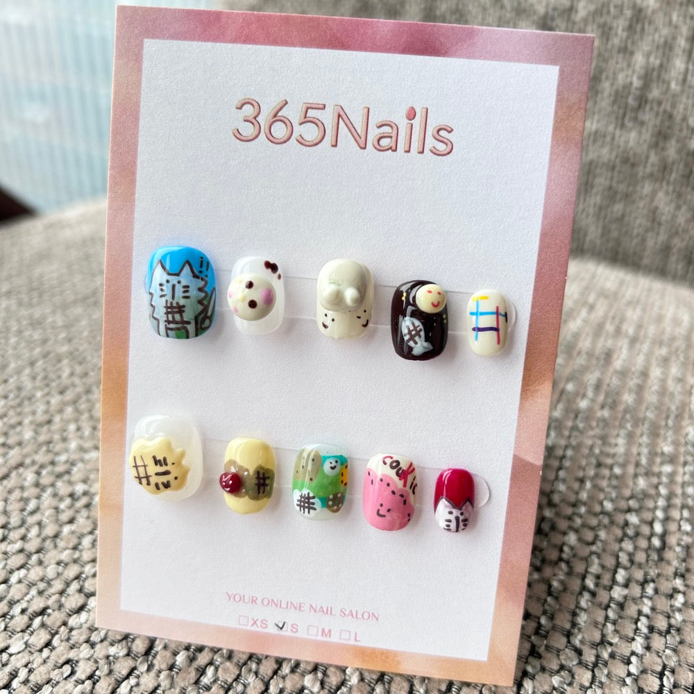 Cartoon & Dopamine: "Picnic Doodle Party" – 3D Bunny, Hand-Painted Cat, Cookie & Colorful Graffiti Short Nails