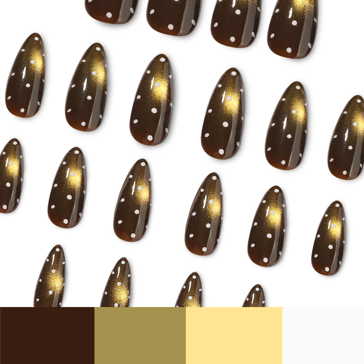 Many brown polka-dot almond nails with cat-eye shimmer plus a brown-to-gold color palette strip