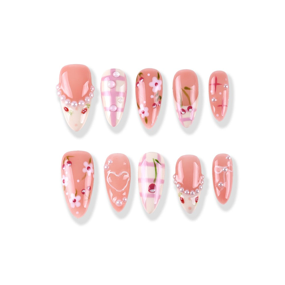Peach pink checkered cherry blossoms with small flower pearls medium-sized hand-painted almond design Press On Nail