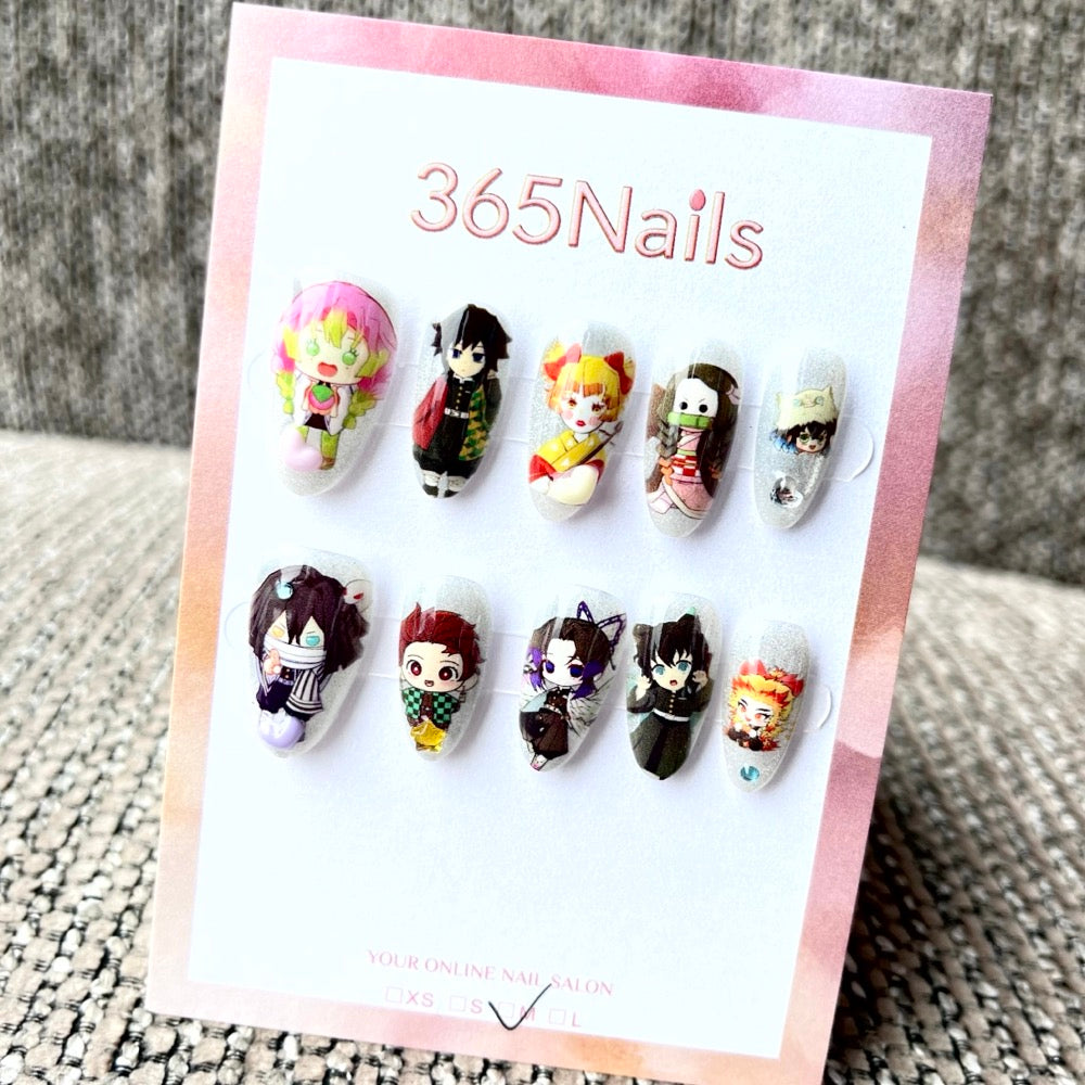 365nails: "Demon Slayer Chibi Crew" – Handmade Medium Almond Press-On Nails