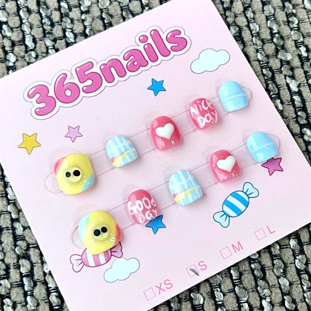 365nails: "Candy Pop Joy" – 3D Character & Pastel Plaid Handmade Short Square Nails