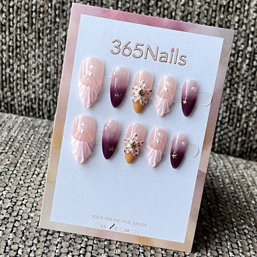Elegant Ombre Floral 3D Charm Press-On Nails