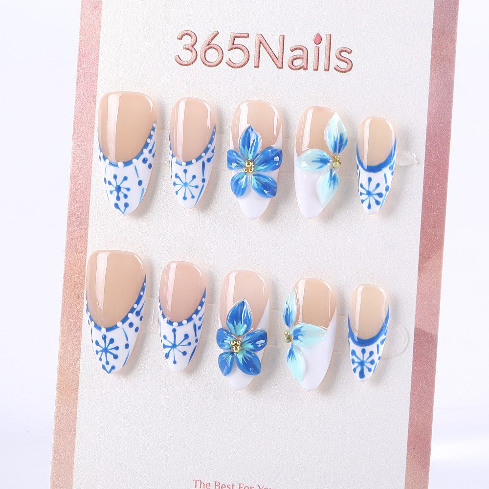 Blue and White Floral Press-On Nails with 3D Blossom Design