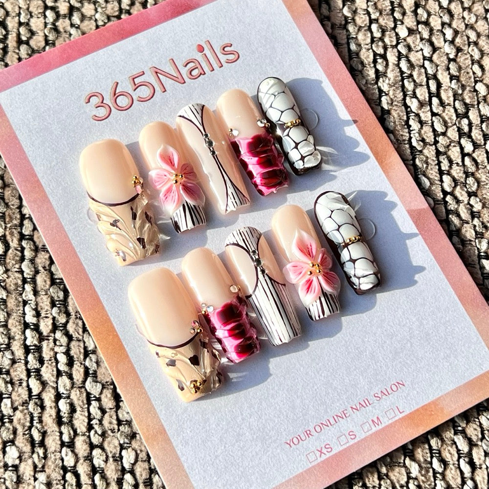 365nails: "Nude Floral Print" – Handmade Medium Square Press-On Nails