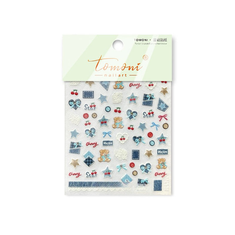 Denim Teddy Collection: "Denim Teddy & Cherry" – 3D Embossed Nail Sticker