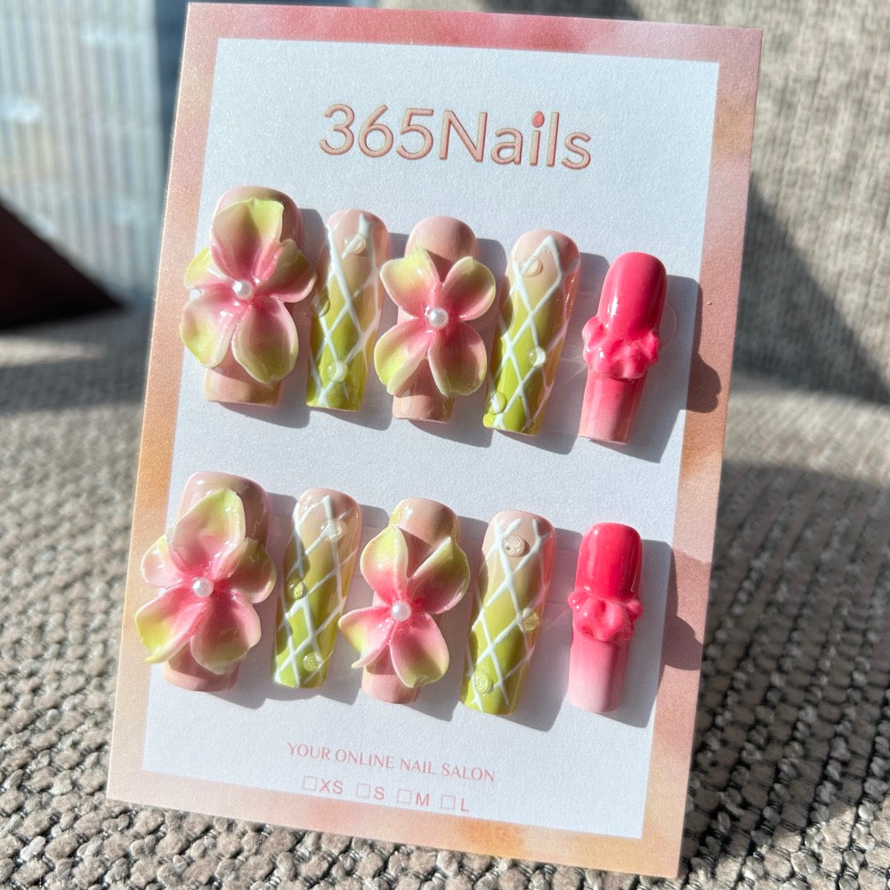 Sculpted Flora: "Pistachio Garden Party" – 3D Pink Hibiscus & Quilted Green Coffin Nails