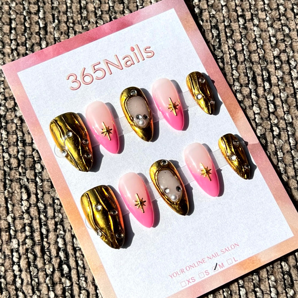 365nails: "Golden Hour Diva" – 3D Metal & Ombré Handmade Almond Nails