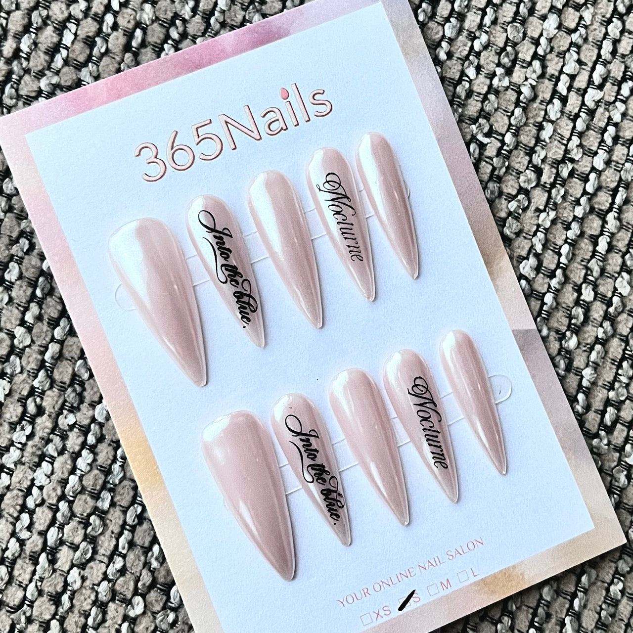 Shimmer Nude Stiletto Press-On Nails with Graphic Text