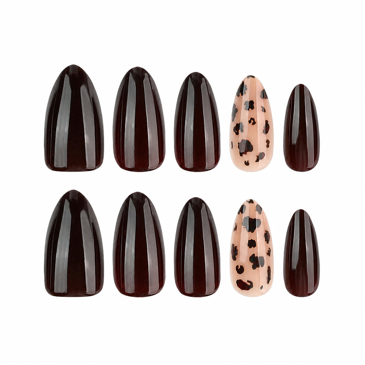 Front view of ten dark brown and leopard print glossy almond press-on nails on white