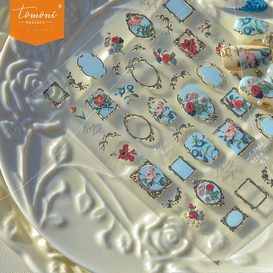 Vintage Frame Floral Nail Stickers – 5D Embossed Gilded Elegance Set
