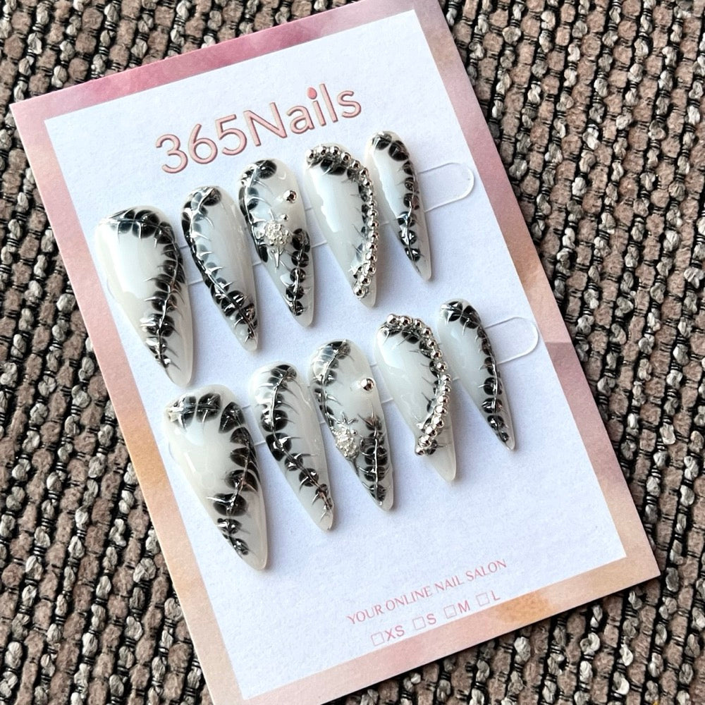 Silver Thorn Noir - Black Crystal Vine Press-On Nails