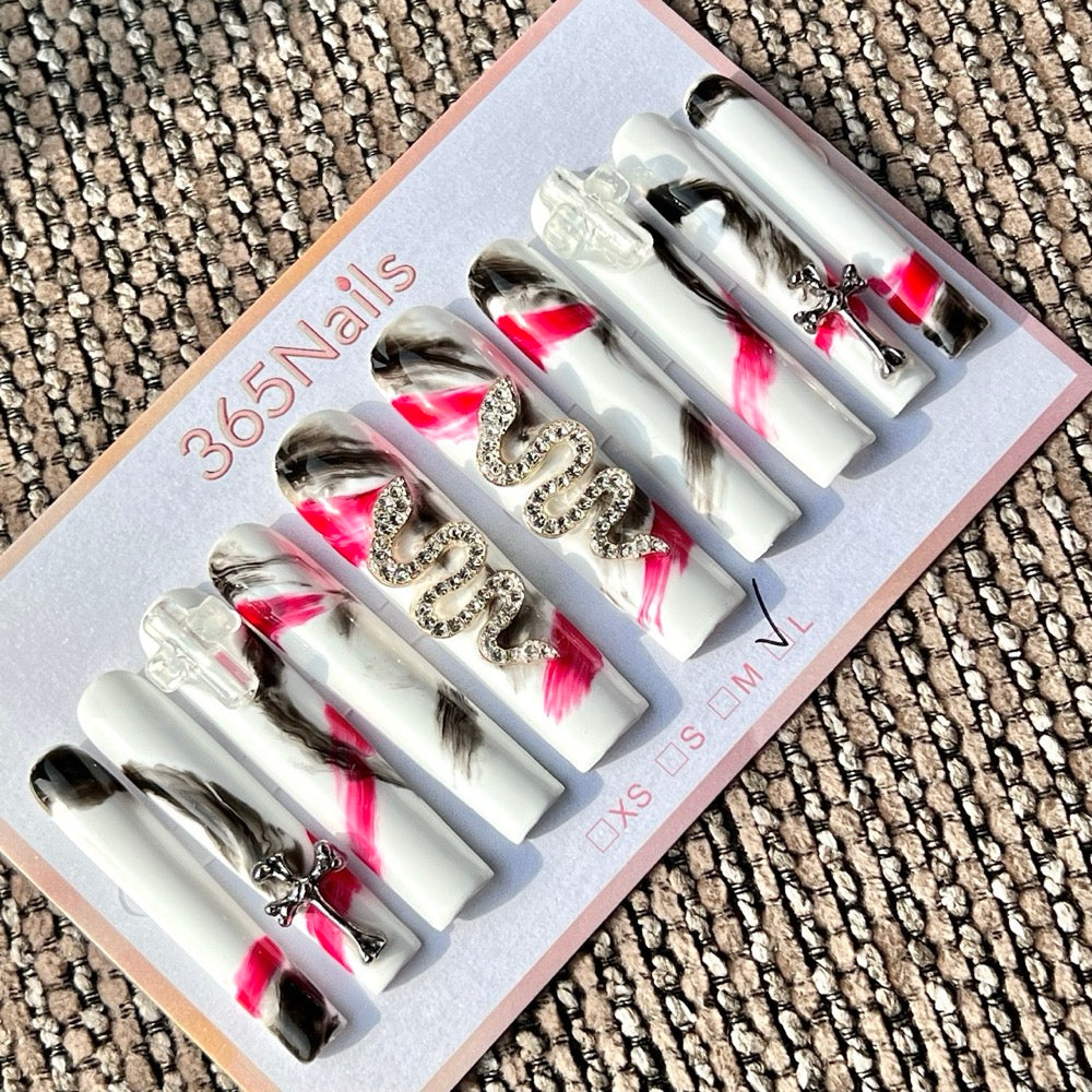 365nails: "Pink Black Marble Snake Cross" – Handmade Long Trapezoid Press-On Nails