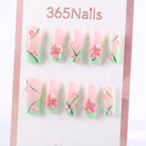 Pink and Green Floral Press-On Nails with 3D Blossom Design