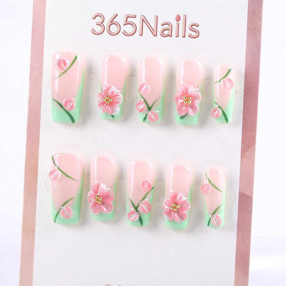 Pink and Green Floral Press-On Nails with 3D Blossom Design