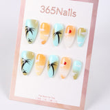 365Nails Palm Coast Press-On Nails Sky-Blue Peach Gradient Hand-Painted Sunset Jelly Gloss