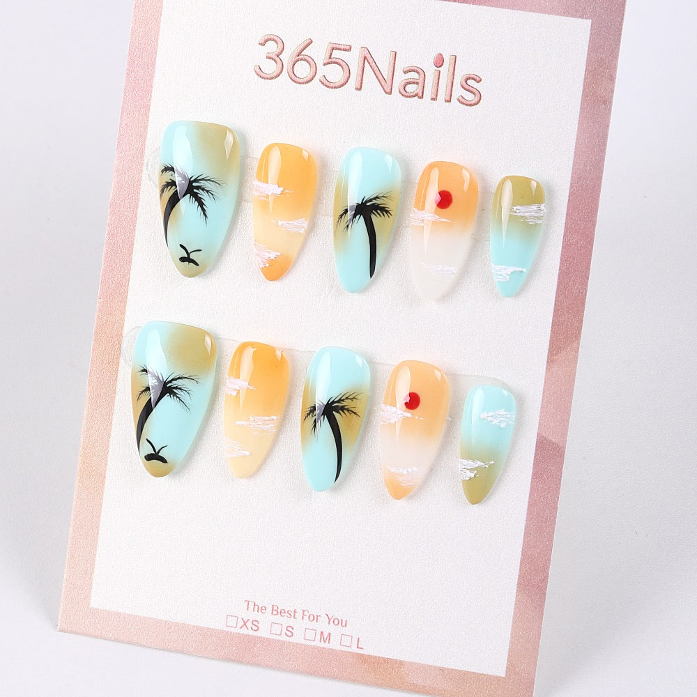 365Nails Palm Coast Press-On Nails Sky-Blue Peach Gradient Hand-Painted Sunset Jelly Gloss