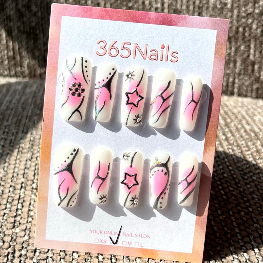 365nails: "Starlight Y2K" – Hand-Painted Pink Graffiti Handmade Coffin Nails