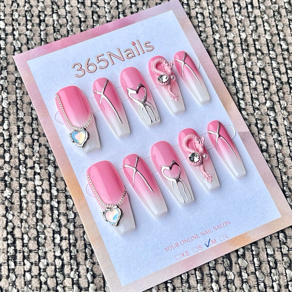 365nails: "Pink Ombre Dragon Heart Chain Metal Line" – 3D Metal Charm Handmade Long Coffin Nails